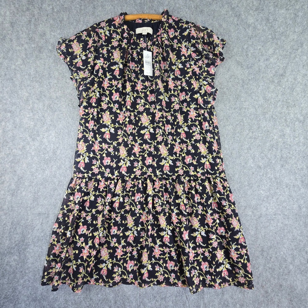 LOFT Dress Womens Small Blue Floral Shift Gold Foil Metallic Clip Dot Mini NWT
